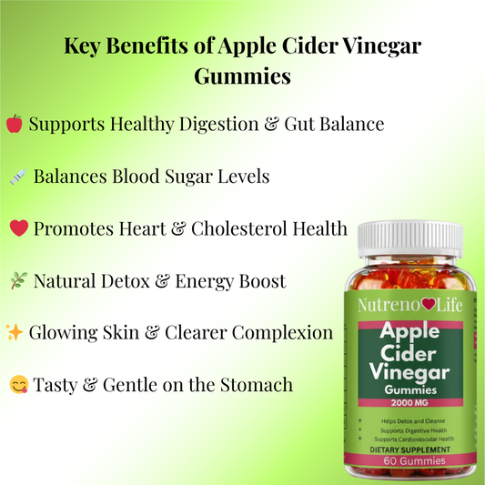 Bottle of Nutreno Life Apple Cider Vinegar Gummies with key benefits listed on a green background