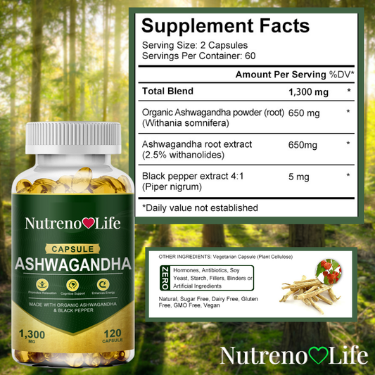 Nutreno Life Ashwagandha capsules supplement bottle with supplement facts label on a natural background