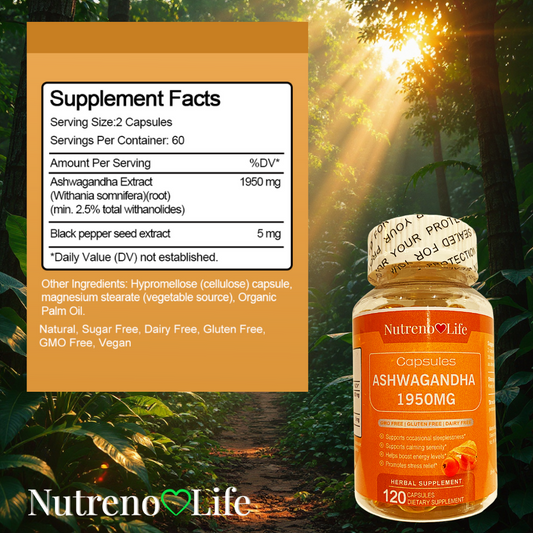 Nutreno Life Ashwagandha capsules supplement bottle with supplement facts label against a forest background