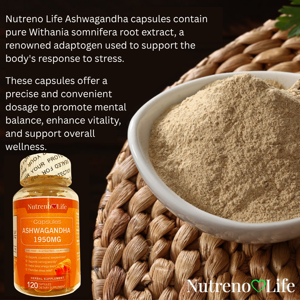 Nutreno Life Ashwagandha capsules supplement bottle with a bowl of withania powder on a woven surface