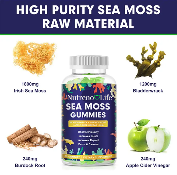 Nutreno Life Sea Moss Gummies with Irish Sea Moss, Bladderwrack, Burdock Root, and Apple Cider Vinegar for Immune Boost and Detox Cleanse