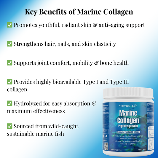 Marine collagen powder supplement with key benefits listed on a blue background