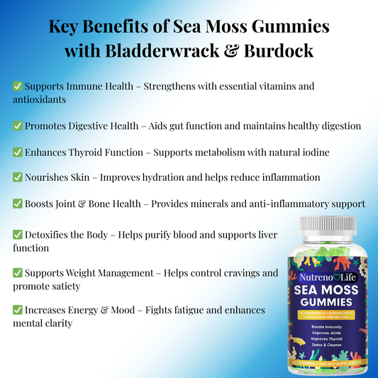Sea Moss Gummies with Bladderwrack & Burdock key benefits listed on a blue background