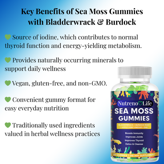 Nutreno Life Sea Moss Gummies with Bladderwrack & Burdock supplement bottle on a light blue background