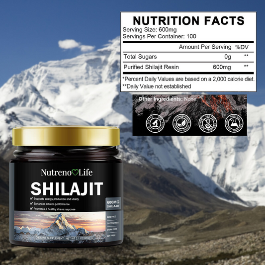 Ayurveda Shilajit supplement jar with nutrition facts label against a mountainous background