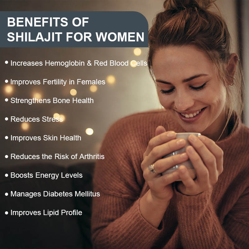 Woman holding a mug with benefits of Shilajit for women listed on the left