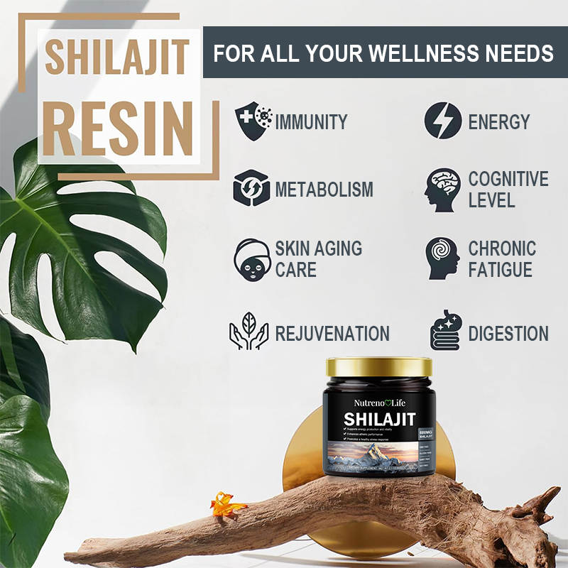Shilajit resin product with health benefits including skin care and digestion support listed on a natural background