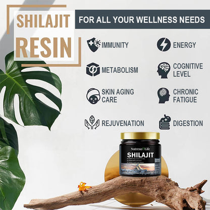 Shilajit resin product with health benefits including skin care and digestion support listed on a natural background