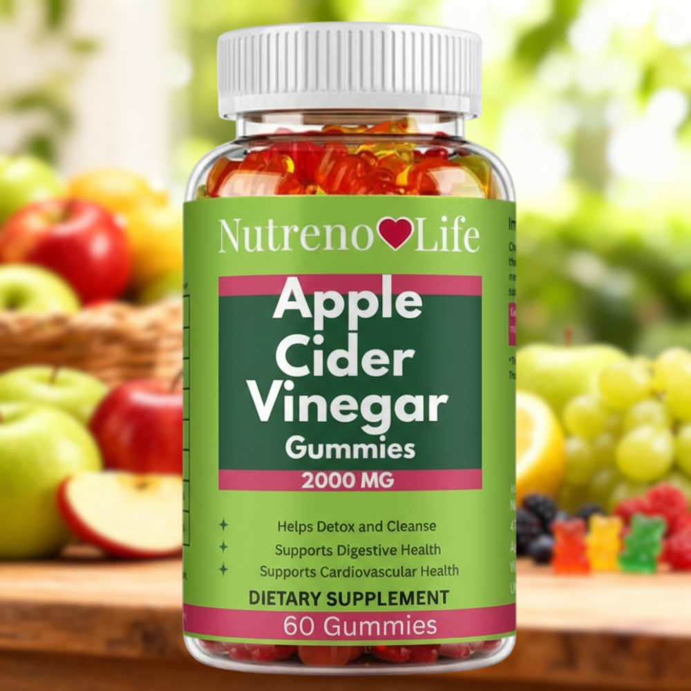 Bottle of Nutreno Life Apple Cider Vinegar Gummies with a colorful background of fruits.