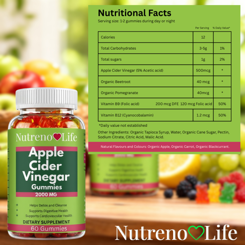 Nutrenolife Apple Cider Vinegar Gummies with nutritional facts label and fruits in the background