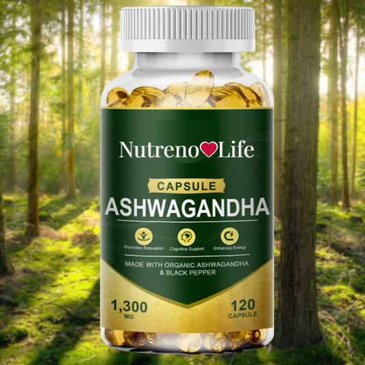 Bottle of Nutreno Life Ashwagandha capsules with a forest background