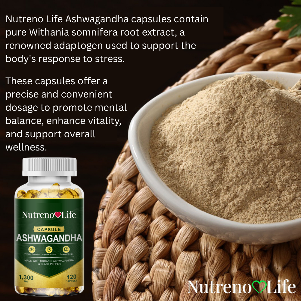 Nutreno Life Ashwagandha capsules supplement with a bowl of withania powder on a woven surface.