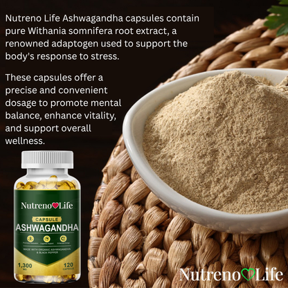 Nutreno Life Ashwagandha capsules supplement with a bowl of withania powder on a woven surface.