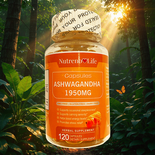 Ashwagandha capsules supplement bottle with adaptogen withania in a forest setting