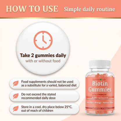 Biotin Gummies 10,000mcg – High Strength Vitamin B7, 60 Gummies