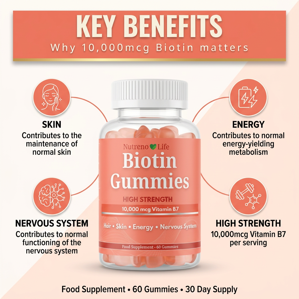Biotin Gummies 10,000mcg – High Strength Vitamin B7, 60 Gummies