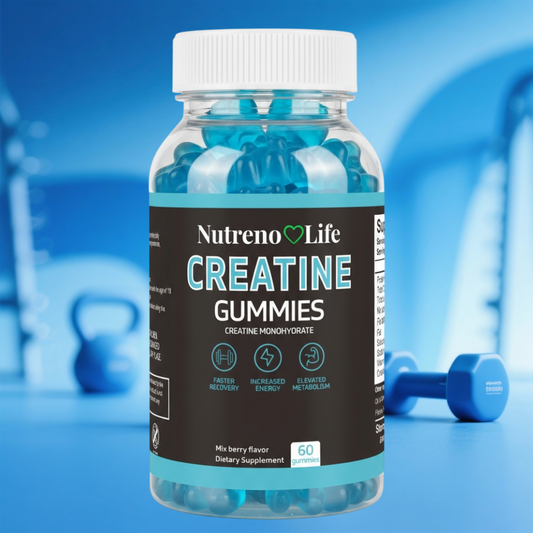 Bottle of Nutreno Life Creatine Gummies with a gym background