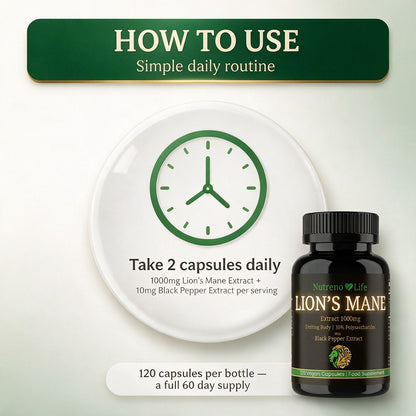 Lion's Mane Mushroom 1000mg – Fruiting Body Extract, Vegan, 120 Capsules