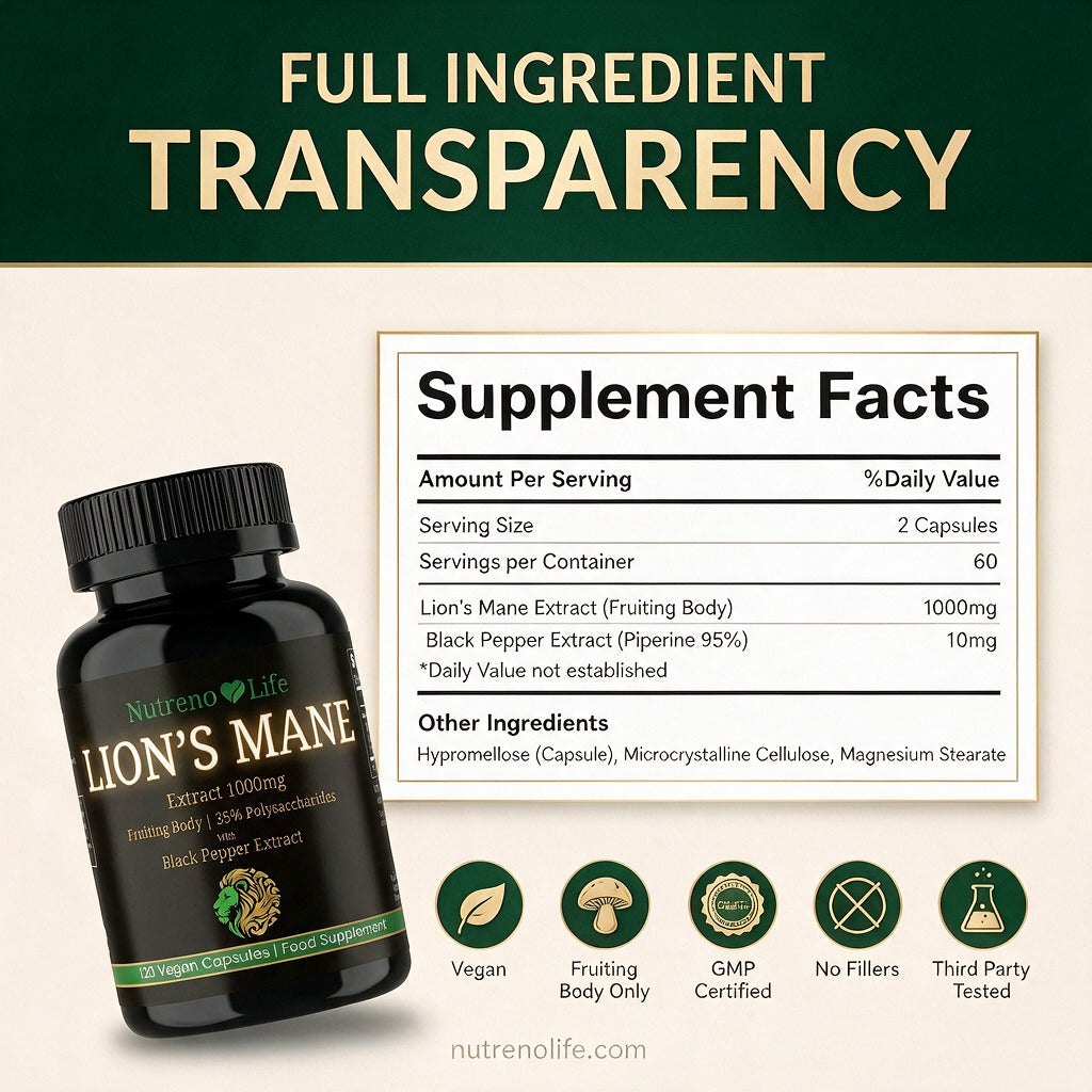 Lion's Mane Mushroom 1000mg – Fruiting Body Extract, Vegan, 120 Capsules