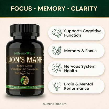 Lion's Mane Mushroom 1000mg – Fruiting Body Extract, Vegan, 120 Capsules