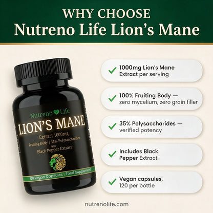 Lion's Mane Mushroom 1000mg – Fruiting Body Extract, Vegan, 120 Capsules