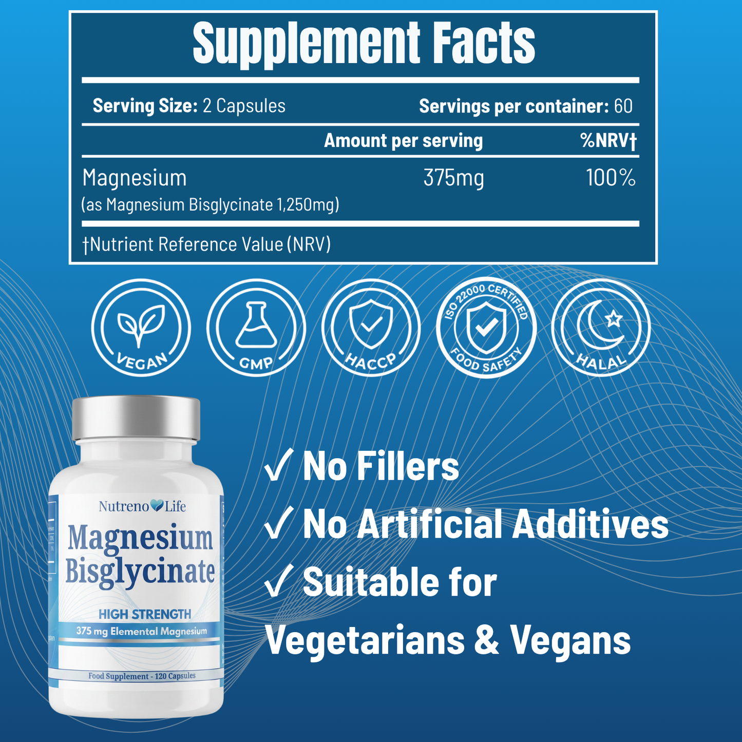 Magnesium Bisglycinate 375mg Elemental – High Strength Vegan Capsules