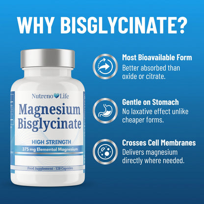 Magnesium Bisglycinate 375mg Elemental – High Strength Vegan Capsules
