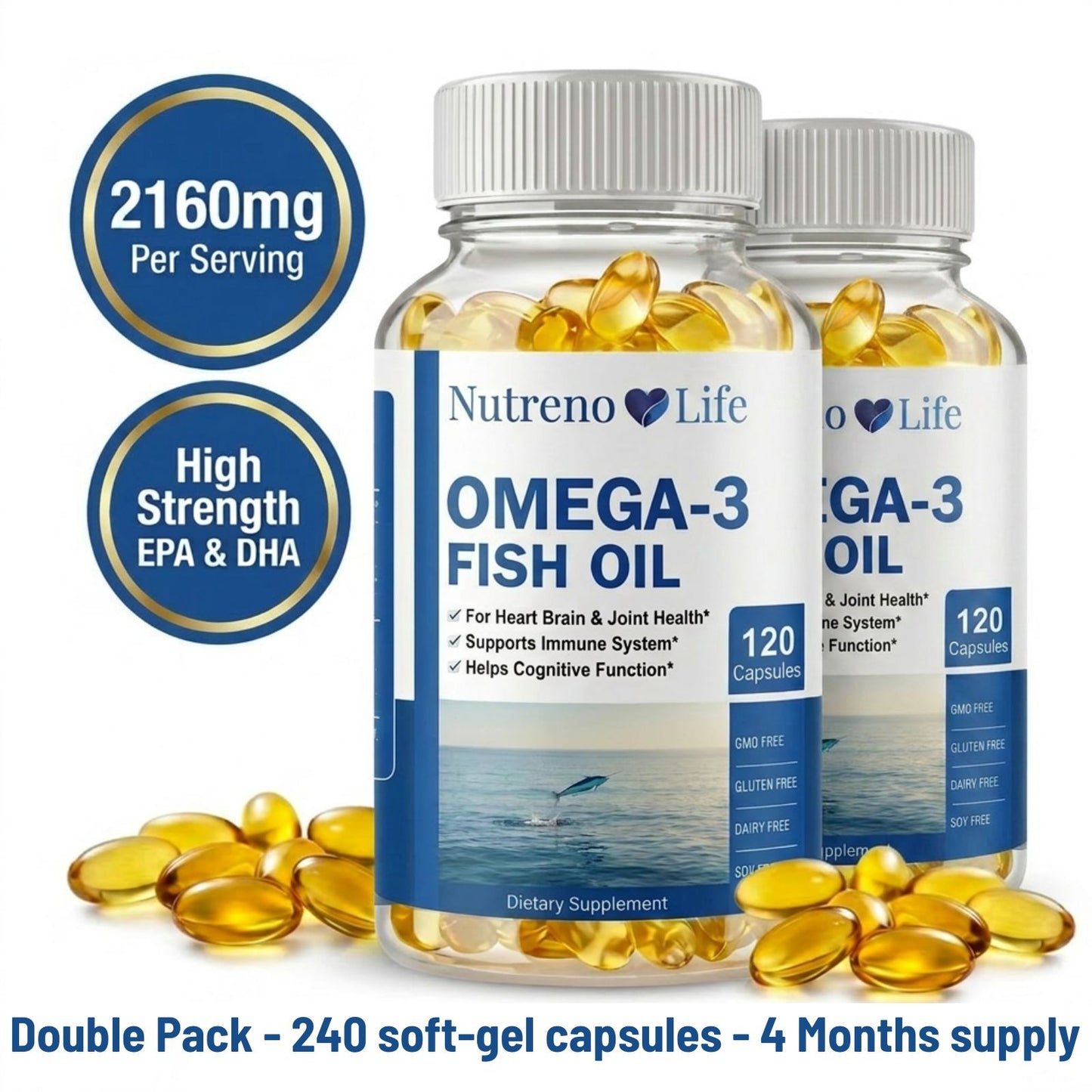 Omega 3 Fish Oil – 240 Capsules Double Pack High Strength EPA & DHA | 4 Month+ Supply