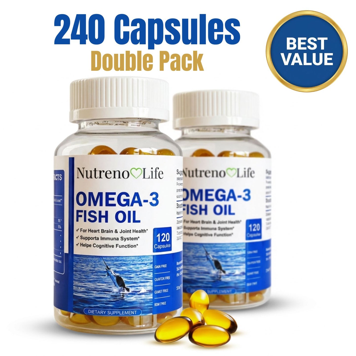 Omega 3 Fish Oil – 240 Capsules Double Pack High Strength EPA & DHA | 2 Month+ Supply