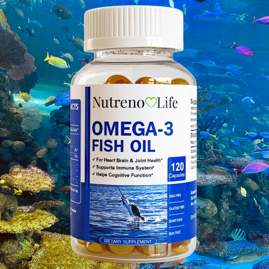 Bottle of Nutreno Life Omega-3 Fish Oil capsules with an underwater scene background