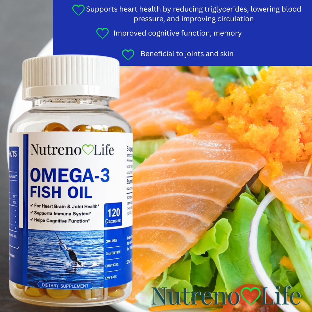 Omega-3 fish oil supplement bottle with salmon and vegetables in the background