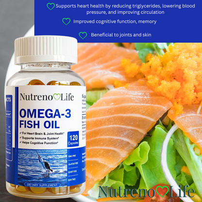 Omega-3 fish oil supplement bottle with salmon and vegetables in the background