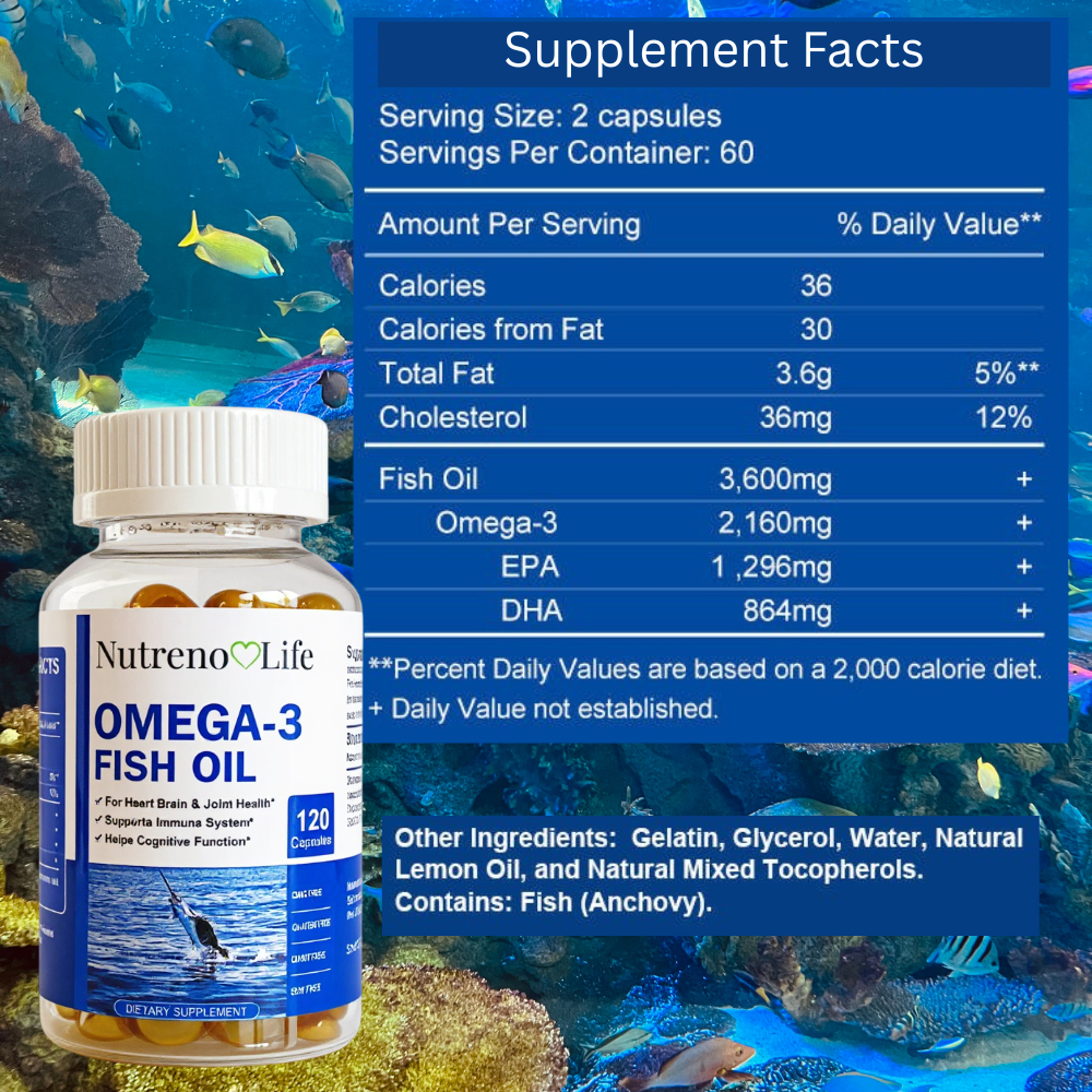 Nutreno Life Omega-3 Fish Oil supplement bottle with supplement facts overlay on a marine-themed background.
