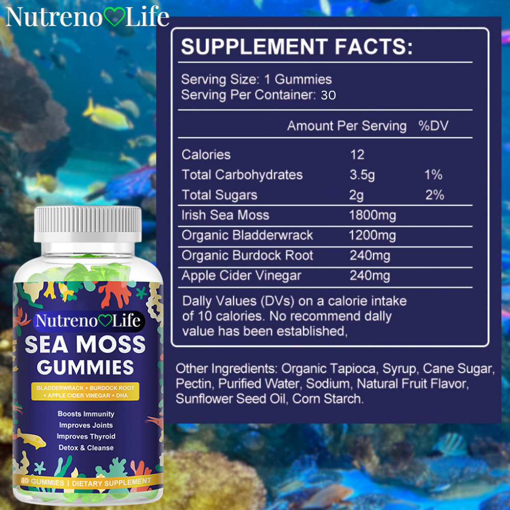 Nutreno Life Sea Moss Gummies bottle with supplement facts label against a coral reef background