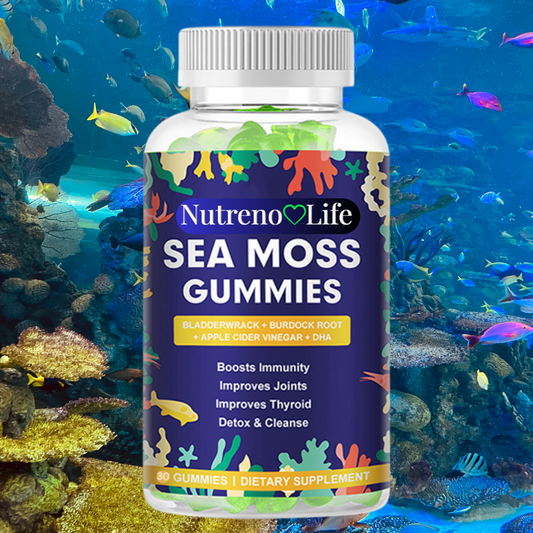 Bottle of Nutreno Life Sea Moss Gummies with an underwater scene background