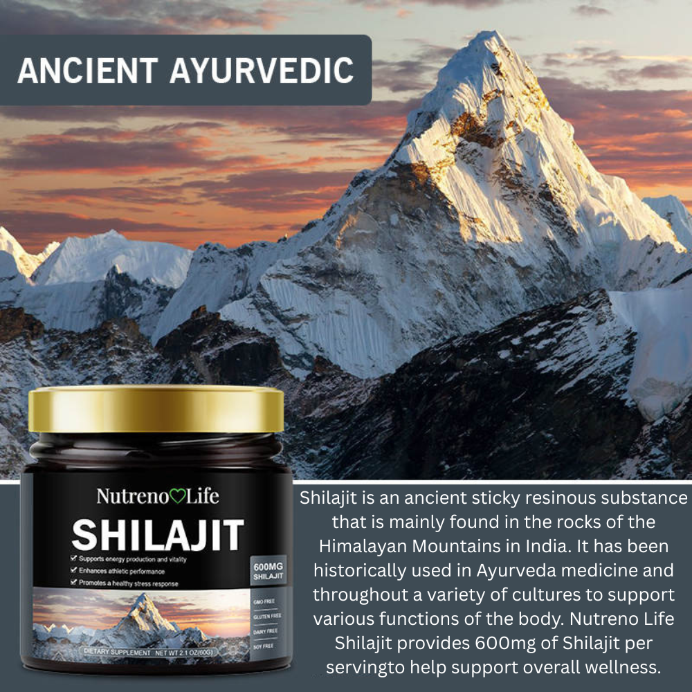 Shilajit supplement jar with Himalayan mountain background and text explaining ancient ayurveda medicine