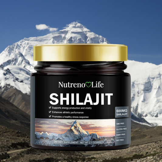 Jar of Nutreno Life Shilajit with a mountainous background