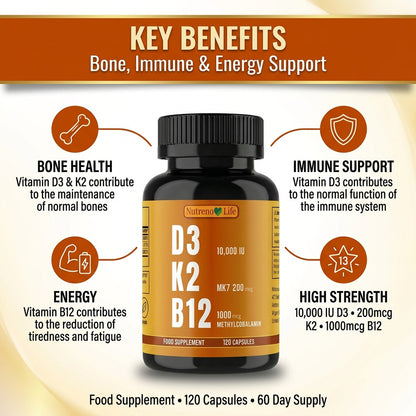 Vitamin D3 10,000 IU + K2 MK7 + B12 – High Strength, 120 Vegan Capsules