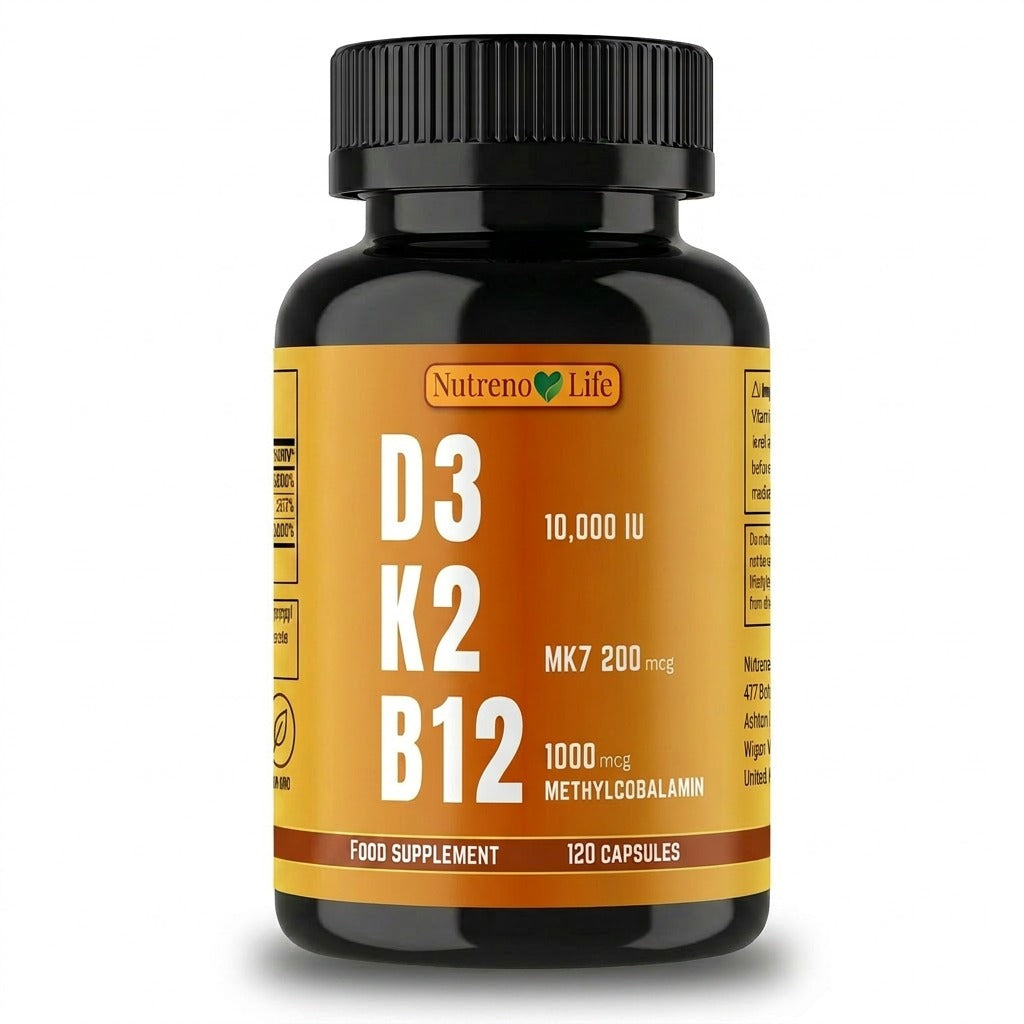 Vitamin D3 10,000 IU + K2 MK7 + B12 – High Strength, 120 Vegan Capsules