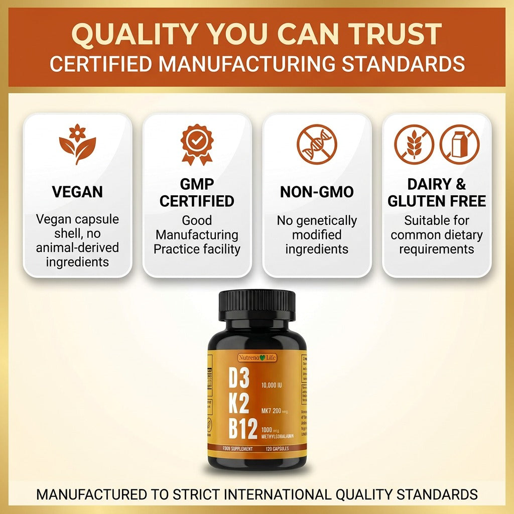 Vitamin D3 10,000 IU + K2 MK7 + B12 – High Strength, 120 Vegan Capsules