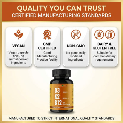Vitamin D3 10,000 IU + K2 MK7 + B12 – High Strength, 120 Vegan Capsules