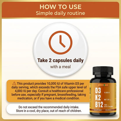 Vitamin D3 10,000 IU + K2 MK7 + B12 – High Strength, 120 Vegan Capsules
