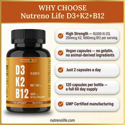 Vitamin D3 10,000 IU + K2 MK7 + B12 – High Strength, 120 Vegan Capsules